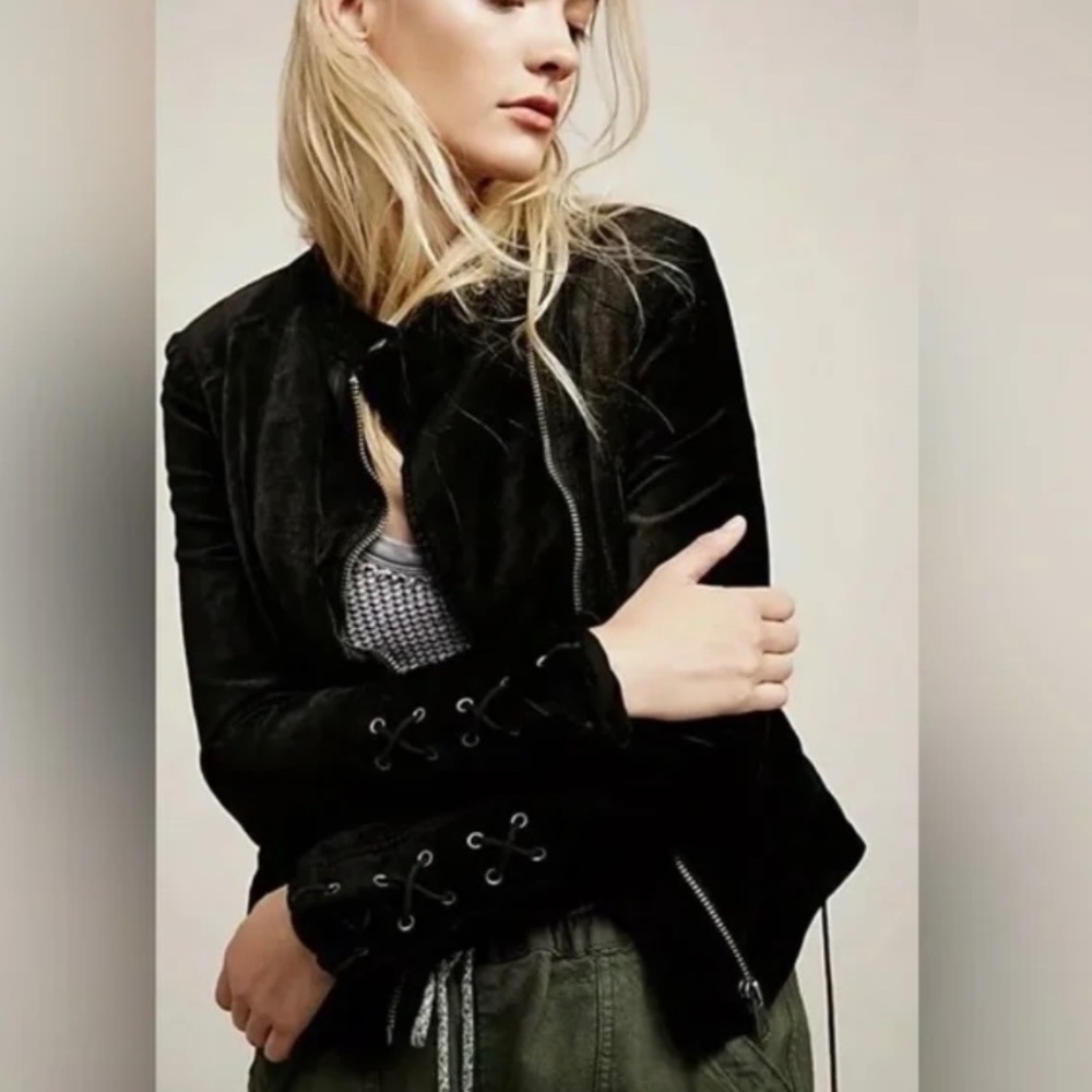 Free People |  Black Velvet Moto Jacket "Lacey" | Size Medium